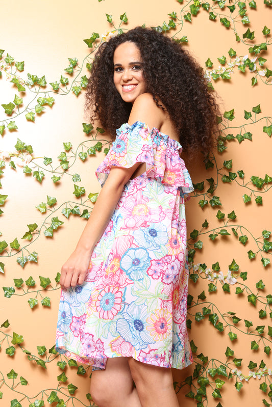 Spanish Floral Smocked Chiffon Cover up, Chiffon Beach Dress - TheActiveBrand